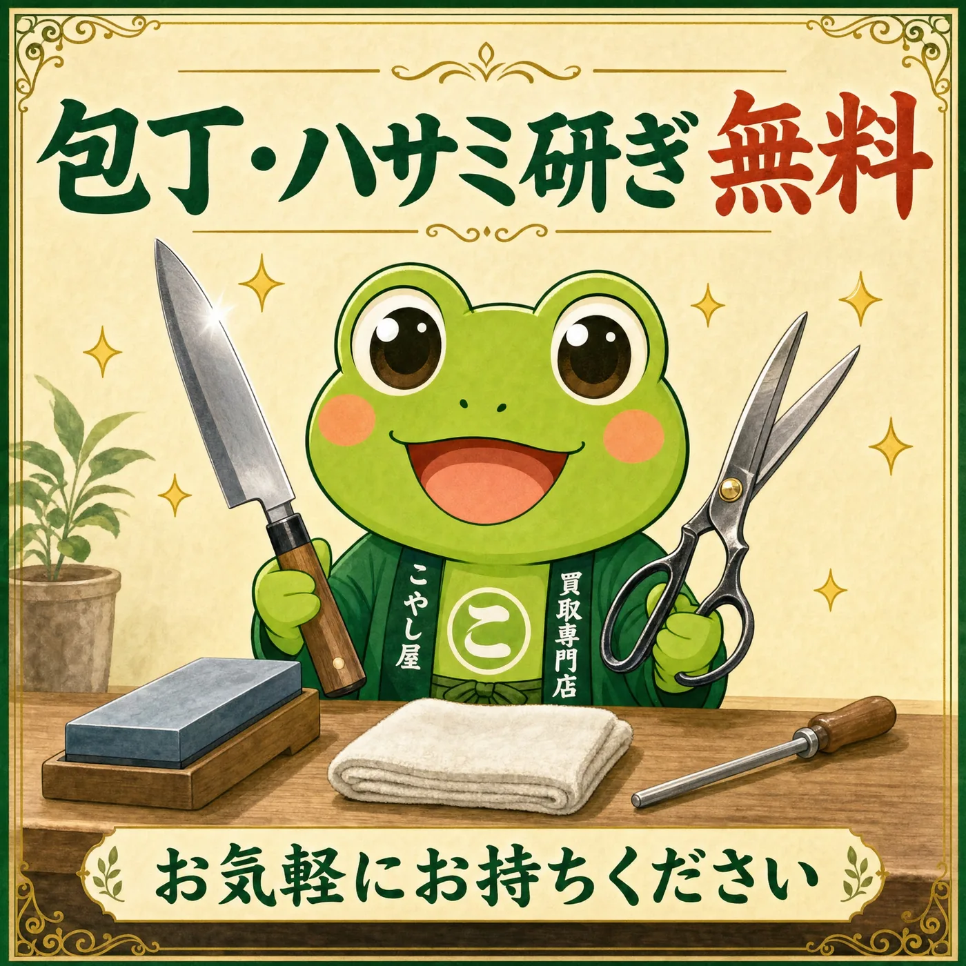こやし屋大倉山店のカエル店長による包丁・ハサミ研ぎ無料キャンペーン案内