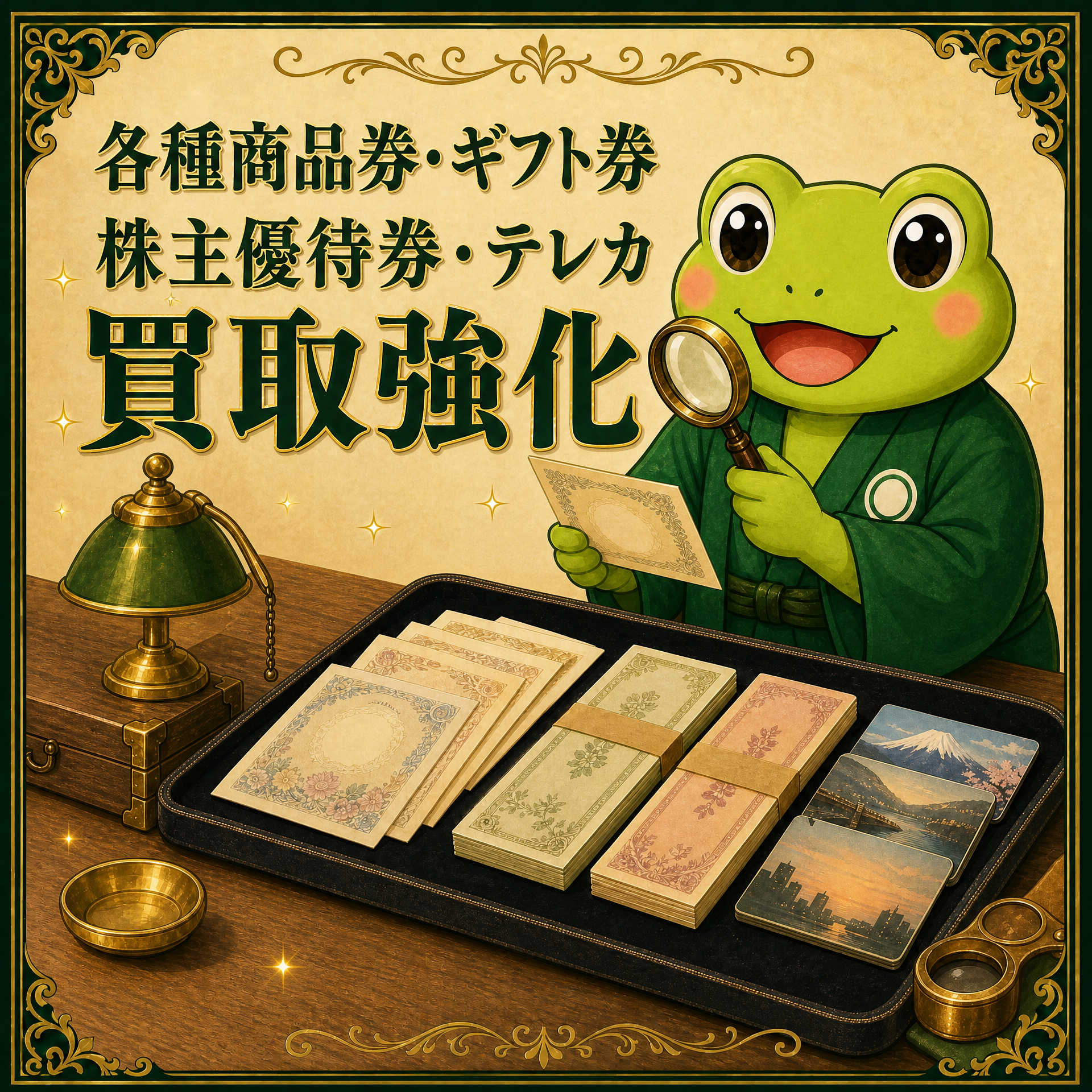 商品券・株主優待券・テレホンカードを査定するカエル店長